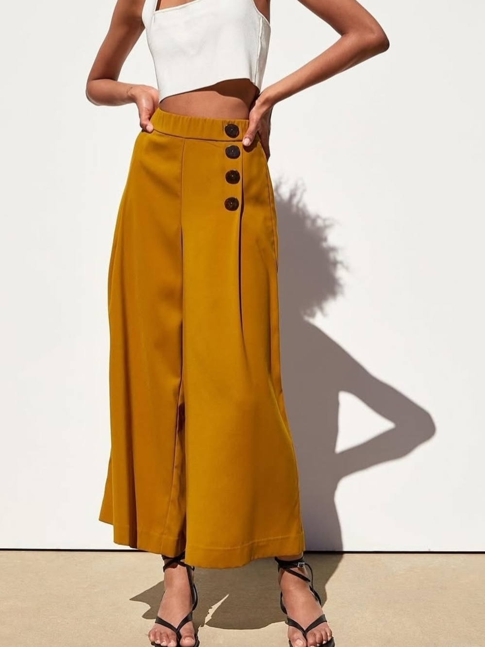 Zara Mustard Wide-Leg High-Waist Pants with Side Buttons